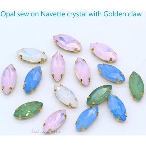 All-size Navette Opal sewing Flatback crystal glass stone sew on claw rhinestone Gold bottom Buckle Clothes jewelry making Beads