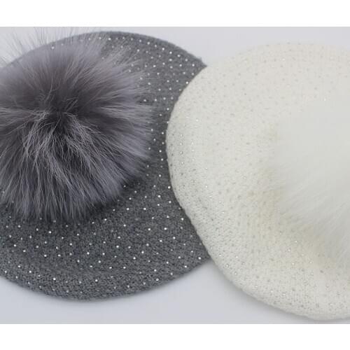 Women autumn and winter Solid Knitted Cap Fashion Outdoor Wool Rhinestone Keep Warm Winter Hairball Hat Cap