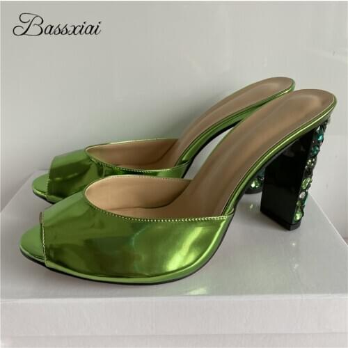 Green Patent Leather Runway Mules Lady Sexy Open Toe Diamond High Heel Slingbacks Summer Sandals For Girls Women