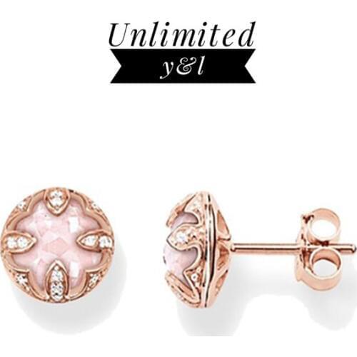 Round Pink Crystal Lotus Flower Stud Earrings for Women Thomas Style Rose Gold Color Silver Fashion Ear Stud Jewelry 2018 New