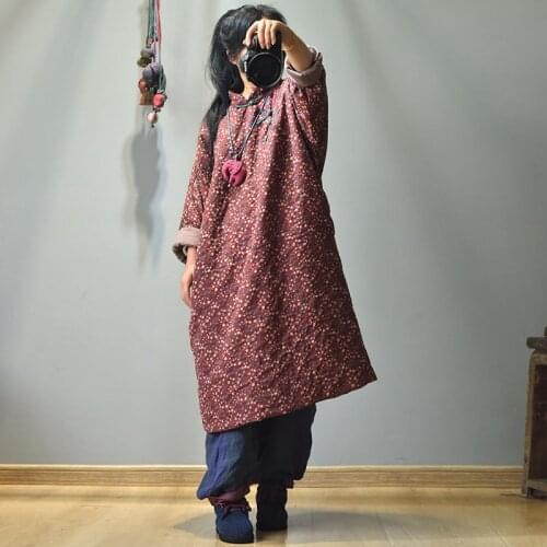 Women Loose Printed Long Parkas Ladies Vintage Stand Collar Print Cotton Linen Logn Coat Outerwear Padded Tops 2020 Winter