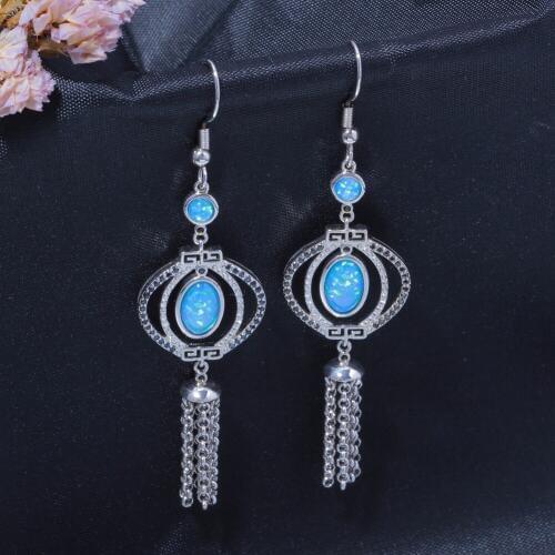 CiNily Vintage Blue Fire Opal Drop Dangle Earrings With Stone Silver Plated Black Onyx Long Tassel Bohemia Boho Jewelry Woman