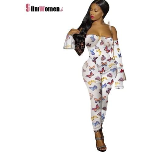 2021 Spring Slash Neck Leopard Angel Jumpsuit Women Flare Sleeve Off Shoulder Mesh Rompers Femal Sexy Butterfly Print Overalls