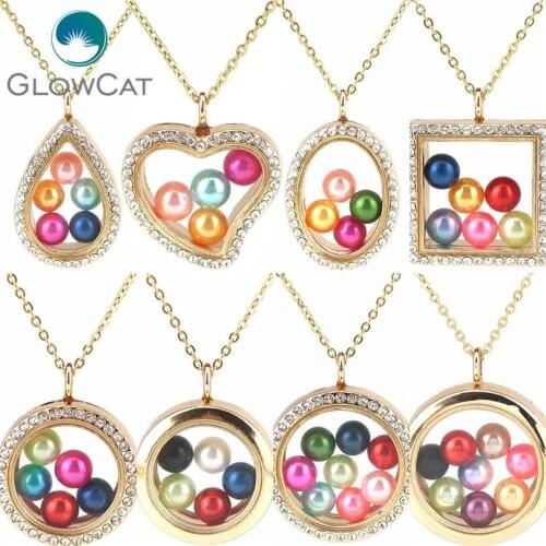 More Style Gold Color Diameter 8mm Beads Geometry Locket Pearl Cage Floating Pendant Rhinestone Necklace
