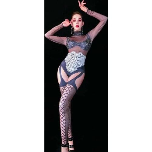 Black Silver Rhinestones Bandage Pattern Jumpsuit Women Singer Bodysuit Stage Outfit Dancer Prom Bar Stage Outfit DWY2942