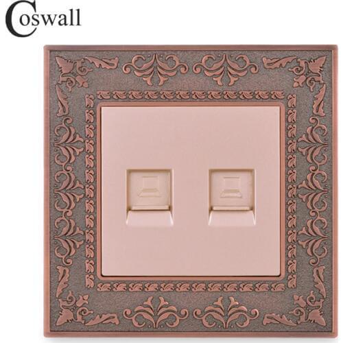 Coswall Embossing Retro Zinc Alloy Panel Wall Socket 2 Gang CAT5E RJ45 Internet Data Computer Connector Gold Color