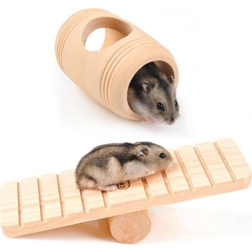 Hamster Seesaw and Hamster Wooden Barrel Toy Sets - Natural Wooden Hamster Toys - Rest and Play Chew Toy