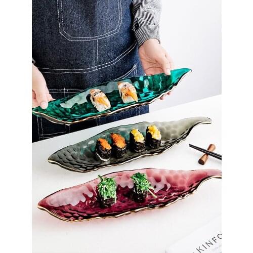 Hand-painted Phnom Penh Crystal Glass Sushi Plate 15 Inch irregular Transparent Green Nordic Dessert Fruit Pasta Plate
