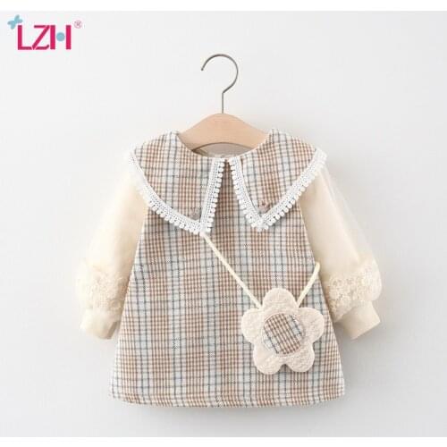 LZH 2021 Autumn Winter Kids Infant Lace Plaid Long Sleeve Dresses For Baby Girls Dress Newborn Clothes Childrens Princess Dress