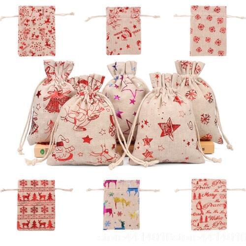10pcs 10x14 13x18cm Color Printing Elk Burlap Bag Christmas Gift Jewelry Bag Wedding Party Decoration Drawer Bag Sachet Bag 66