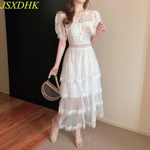 JSXDHK Runway Elegant Summer Long Dress Women V Neck Mesh Patchwork Lace Layers Ruffles White Sexy Hollow Out Embroidery Dresses