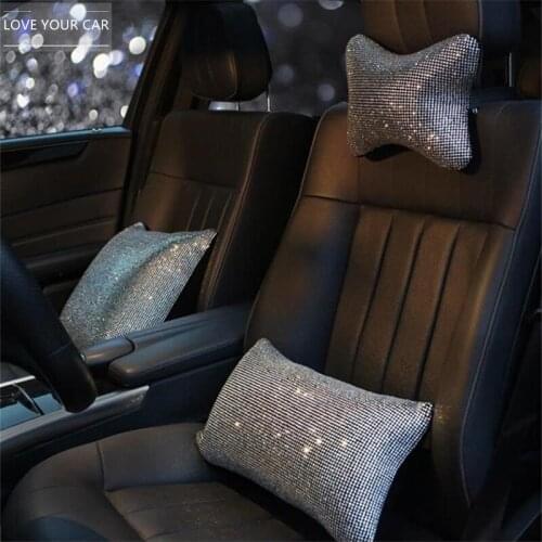 Fashion Rhinestone Crystal Car Headrest Neck Pillows Diamond Car Seat Belt Cover Pad Waist Support Auto Interior Accessories Set