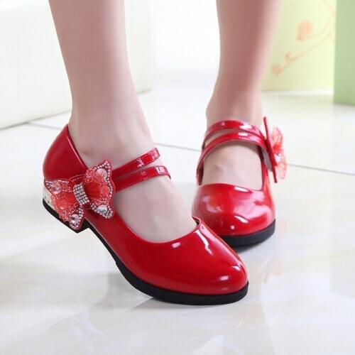 Fashion Bow Crystal Little Girls Patent Leather Shoes Children Princess Party Dress Wedding School Shoe4 5 67 8 9 10 11 1213year