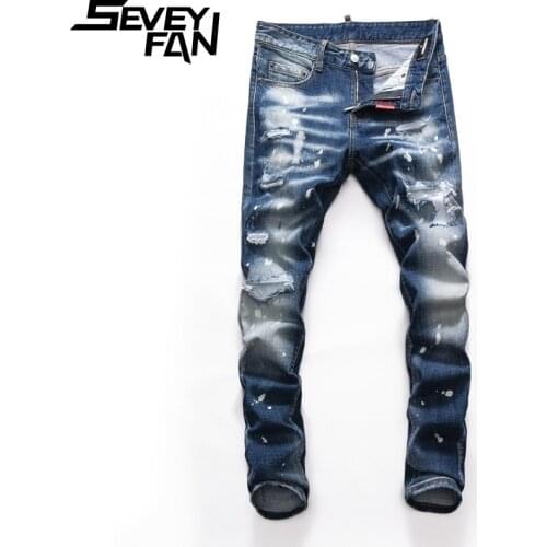 SEVEYFAN Mens Skinny Painted Ripped Hole Jeans Distressed Washed Pencil Denim Pants Stretch Slim Trousers Male