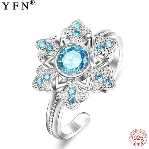 Genuine 925 Sterling Silver Rings Open Size Adjustable Rings Ocean Blue Jewelry Crystal Snowflake Ring For Women Anillos GNJ0599