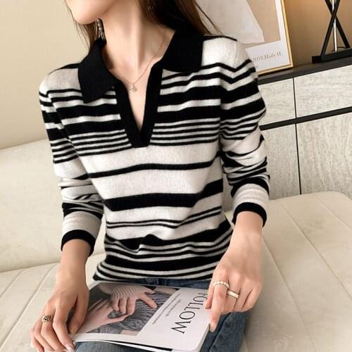 2021 Fall/Winter New Ladies Pullover Casual Solid Color Lapel Cashmere Sweater Slim 100% Wool Sweater Plus Size Ladies Top hot