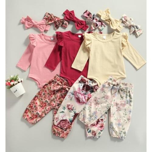 Autumn Spring Kids Suit Set Girls Solid Color Round Neck Long Sleeve Romper Floral Print Trousers Headband Clothing Set