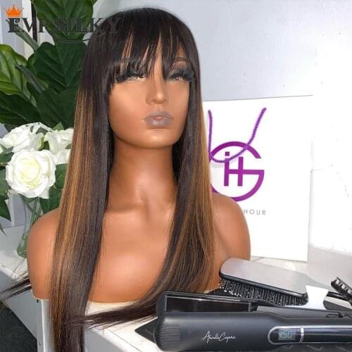 Fringe Wigs Brazilian Highlight Glueless Full Lace Human Hair Wigs with Baby Hair 180Density 13x6 Lace Front Wigs with Bangs