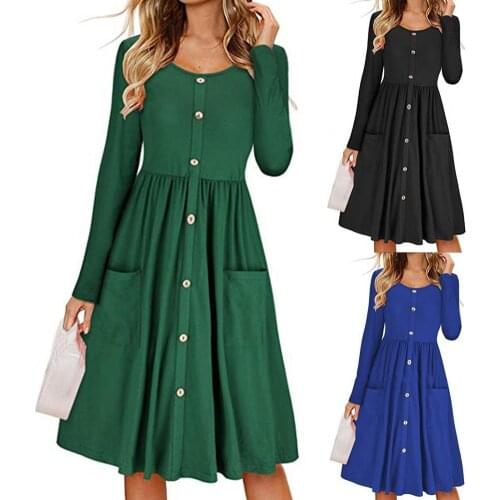 New 2021 O Neck Pleated Hem Midi Dress Long Sleeve Buttons Closure Pockets Women Tunic Dress Streetwear vintage A-line Dress