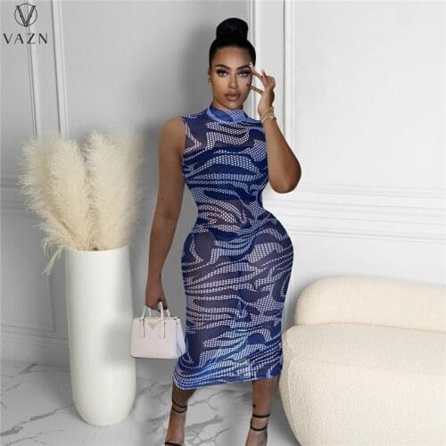 VAZN 2020 New Sexy Club Birthday Print Boho Fashion Summer Sleeveless Strapless Elegant Fashion High Waist Women Thin Mini Dress