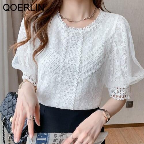QOERLIN Lace Hollow Out Blouse Women New Design Chic Tops Korea Japan Style Loose Short Sleeve Peplum Blouse Puff Sleeve Shirts