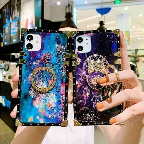 Glitter Bling Stars Square Phone Case For iPhone 11Pro Case XS Max XR 6 7 8 Plus 12 Luxury Dream Sky With Ring Holder Soft Cover