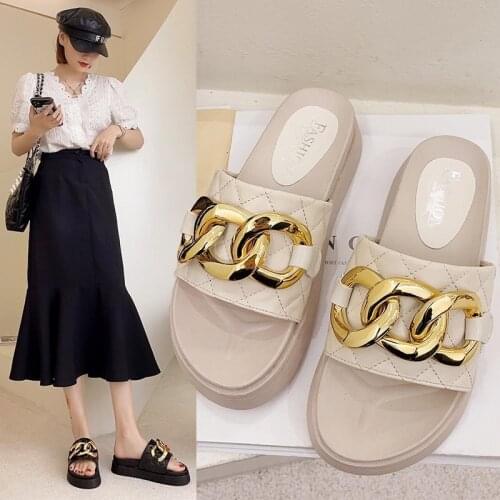 Slippers womens summer 2021 new fashion outer wear Korean style flip-flop open toe thick bottom solid color chain female sandal