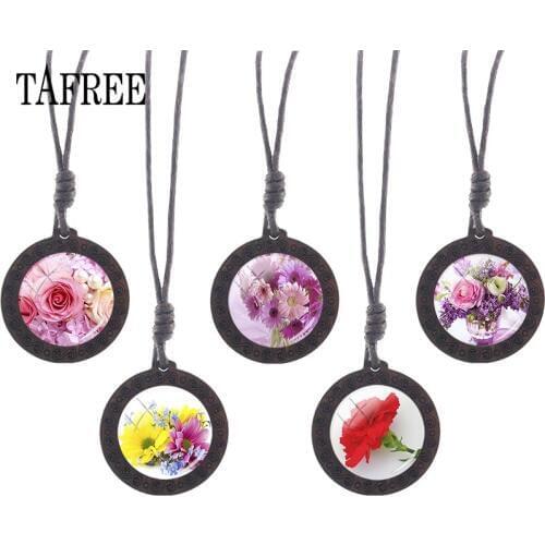 TAFREE Sketch cartoon flowers Wooden Necklace Pendant All kinds of flowers Lavender Lotus Chrysanthemum photo can custom FL01