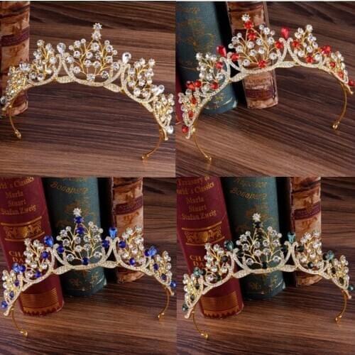 Baroque Trendy Gold Tiara Bride Crown Wedding Diadem Tiaras Blue Green Red Rhinestone Handmade Hairwear Hair Accessories