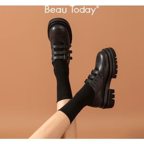 BeauToday Sweet Lolita Calfskin Leather Brogue Round Toe Triple Buckle Straps JK Uniform Shoes Platform Sole Mary Janes 28402