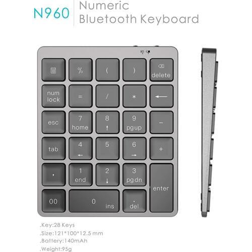 Chargeable Bluetooth Numeric Keypad 28 Keys ,Aluminum Alloy Wireless Number Pad Slim Portable Keyboard for PC, Laptop,Work