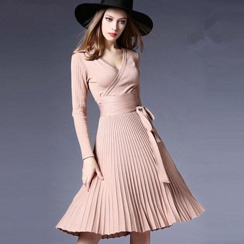 Womens Clothing 2018 Womens Dress Sexy Slim Long Sleeve V Neck Pleated Knit Summer Dress