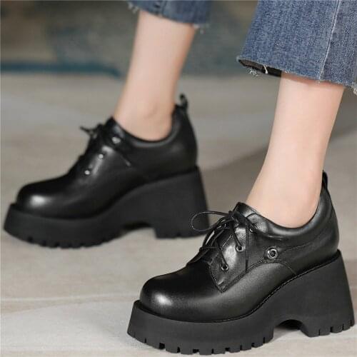 Punk Goth Creepers Women Lace Up Genuine Leather High Heel Ankle Boots Female Round Toe Chunky Platform Pumps Shoes Casual Shoes