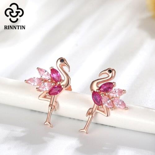 Rinntin 925 Sterling Silver Flamingo Earrings For Women Rose Gold Plated Cute Bird Earring Stud AAAA Zircon Jewelry TSE164