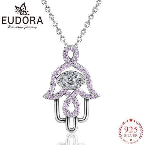 Eudora 925 Sterling Silver Lucky Hamsa Hand Pendant Necklaces for Women Girls Gift Purple Zircon Fashion Sterling-silver Jewelry