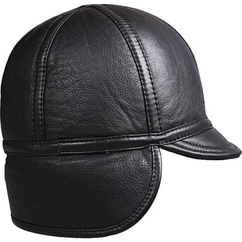 Winter Warm Hat For Men Male Short Brim Earflap Genuine Leather Dome Chapeau Middle-aged Ear Protection Lighten Soft Bomber Hats