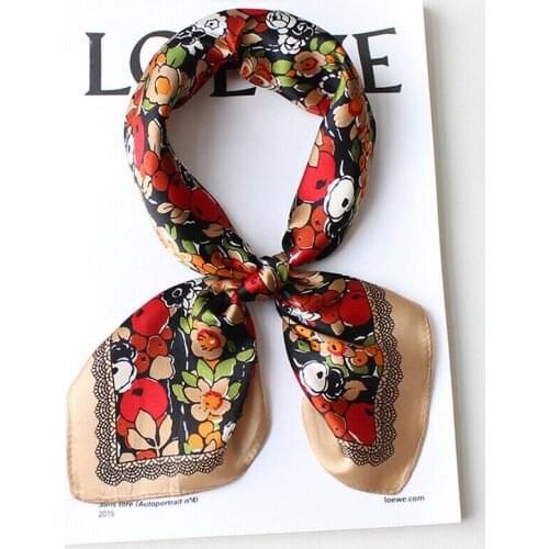 100% Silk Scarf Shiny Kerchief Women Vintage Flower Print Headband Neck Hair Handbag Kerchief Bandana 53*53cm