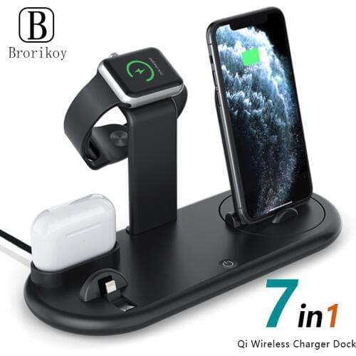 7 In 1 QI Wireless Charger Charging Dock Station For Apple Airpods Android Watch Charging For IPhone 11 Pro Xiaomi Phone Holder