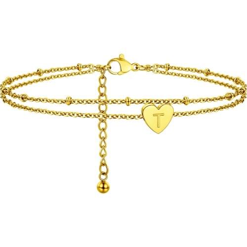 Starlord Double Anklet Foot Jewelry English Letter T to Z Initial Heart Bead Chain For Women Gift Gold Color PSA4292
