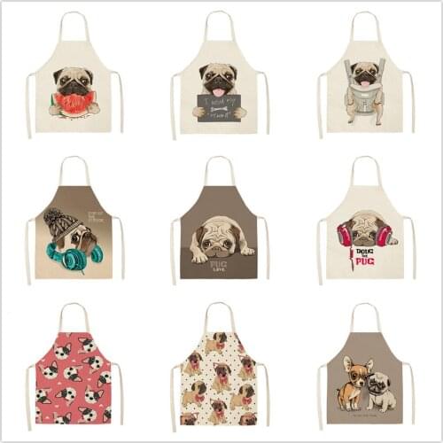 Cute Dog Pug Pattern Cotton Linen Sleeveless Apron Kitchen Aprons Women Home Cooking Baking Waist Bib Pinafore