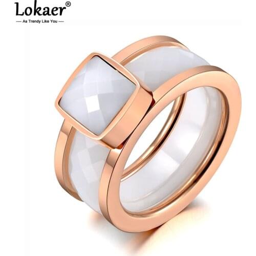Lokaer Trendy Titanium Stainless Steel White/Black Cut Ceramic Rings For Women Girls Elegant Charm Wedding Ring Jewelry R19134
