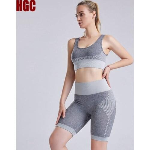 HGC Yoga Set Summer Sports Bar Shorts Women Sportwear 2 Piece Gym Underwear Workout Running Energy Elastic Leggings Fitness Suit