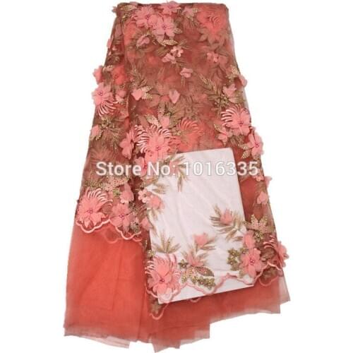 Freeshipping Peach tulle latest African embroide laces beaded lace fabric Nigerian applique 3d flower lace applique for wedding