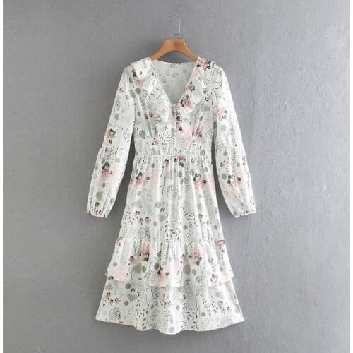 Hot-selling new ladies floral print dress long-sleeved mid-length ruffled multi-layer dress sweet girl cake dress