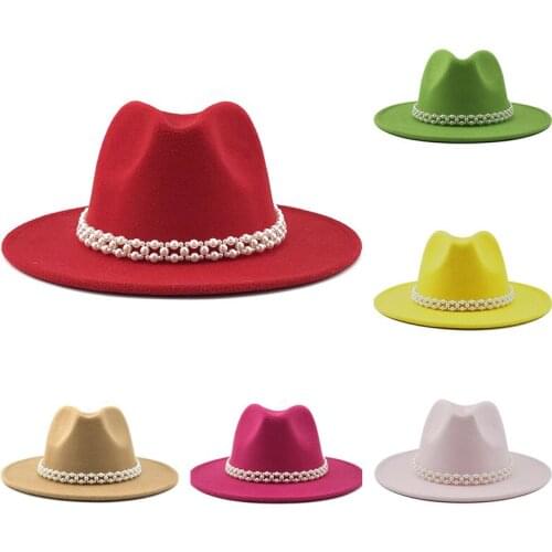 Fashion Women Fedora Hat Wool Felt Pearl Decorative Hat Vintage Felt Hat Church Godfather Wide-Brimmed Hat Wholesale 2021 NEW