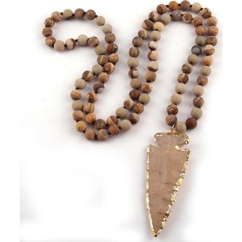 MOODPC Fashion BohemianTribal Jewelry Natural Stone Knotted Necklaces Arrowhead Pendant Women Ethnic Necklace