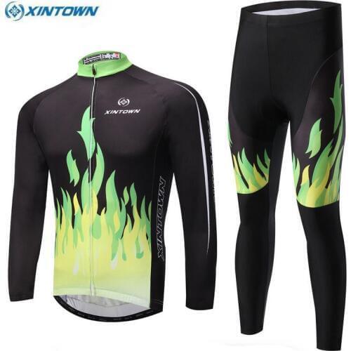 XINTOWN Men Team Ropa Ciclismo Cycling Jersey Jackets Bib Pants Sport Clothing Bike Long Sleeve Bicycle Outdoor Green Fire