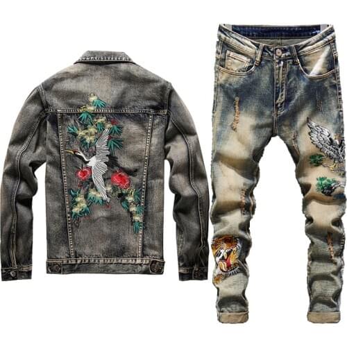New Men Vintage Sets Embroidered Red Crowned Crane Hole Distressed Jackets + Embroidered Tiger Jeans Mens Clothing 2 Piece Set