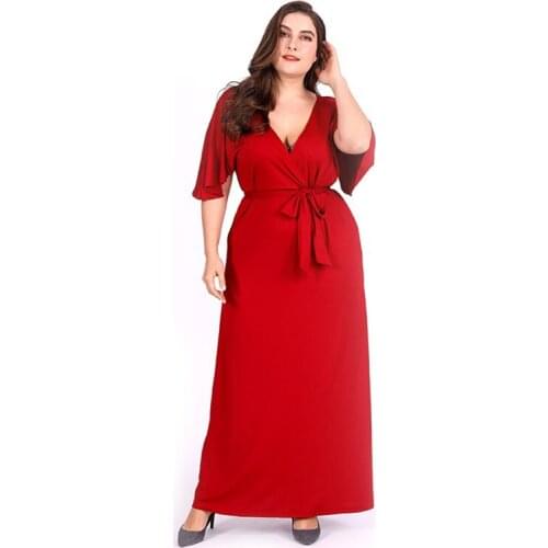New Spring Summer Dresses Female Fashion Sexy Oversize 6XL Dress Women Loose Shawl Sleeve Red V-Neck Long Dresses Lady Clothing