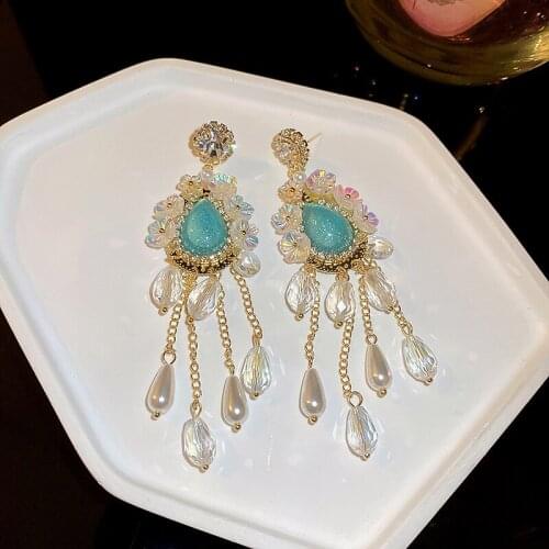 Origin Summer Shiny Rhinestone Blue Colour Crystal Water Drop Earrings for Women Ladies Long Tassel Pearl Earrings Accessories